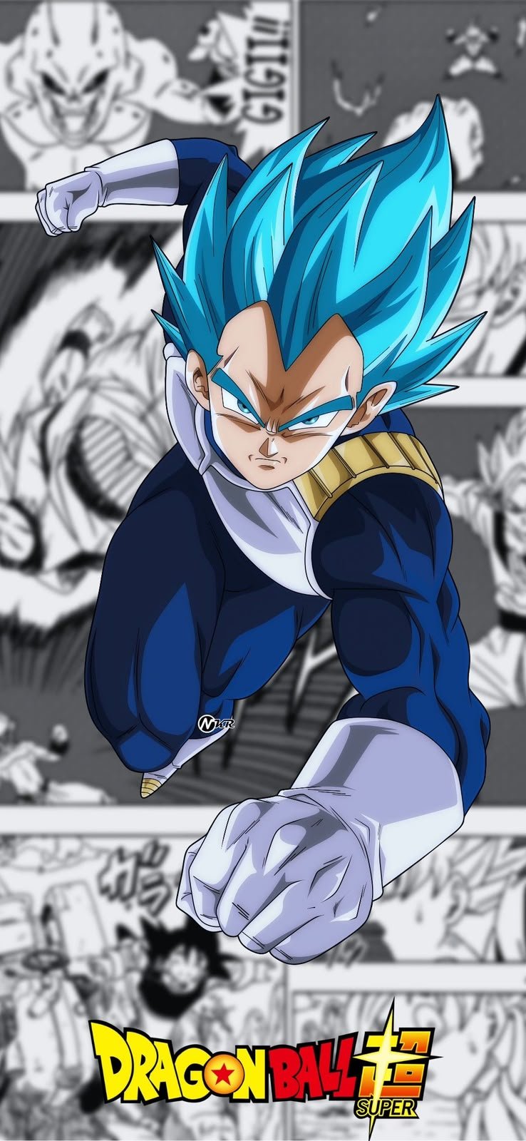Frazada viajera anime: Vegeta Super Saiyajin Blue de Dragon Ball Super sobre fondo de manga