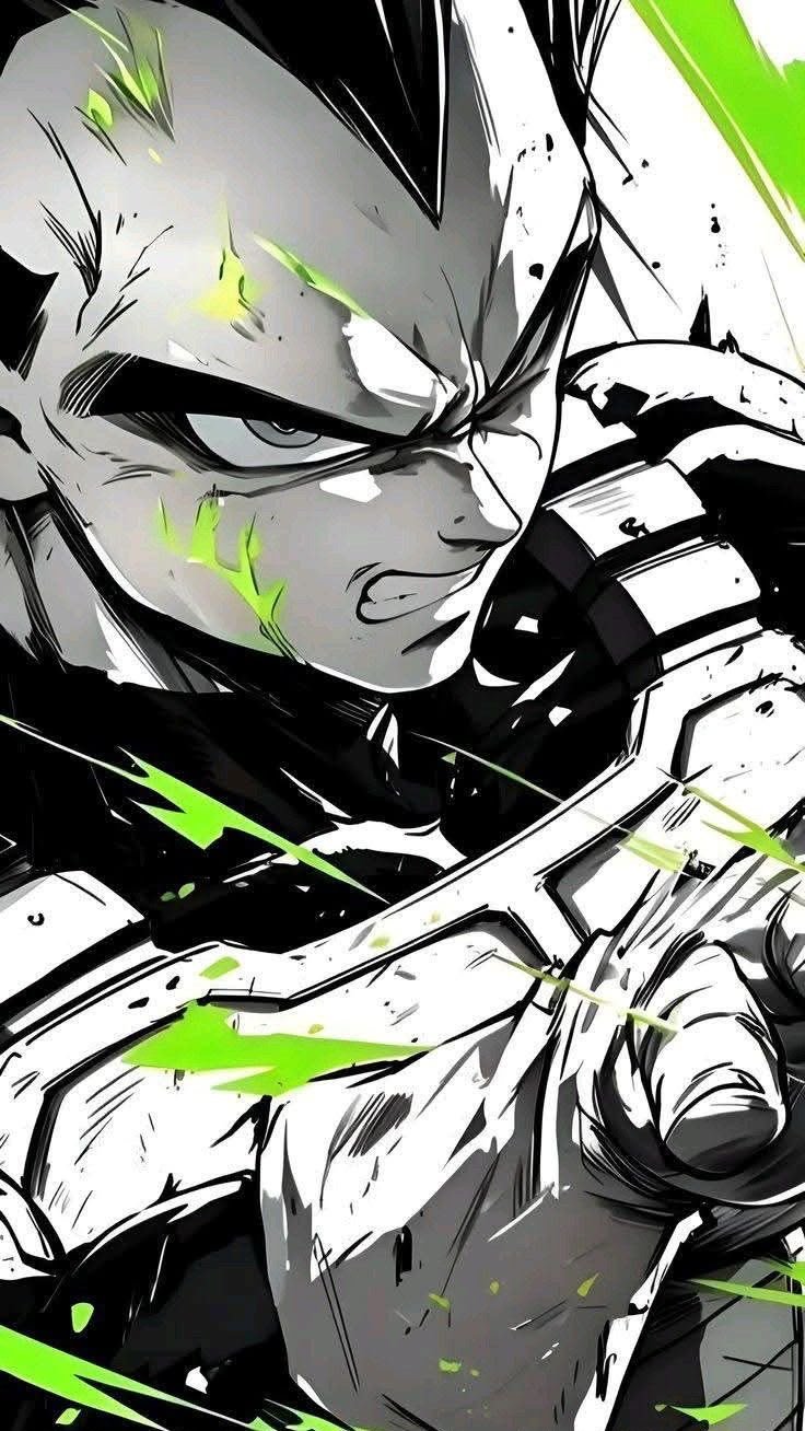Frazada viajera anime: Vegeta en blanco y negro con destellos verdes, estilo tinta