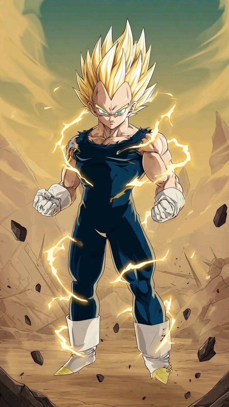 Frazada viajera anime: Majin Vegeta Super Saiyajin con rayos dorados