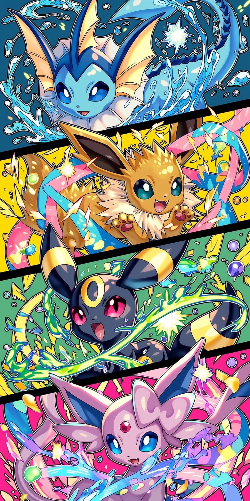 Frazada viajera anime: evoluciones de Eevee (Vaporeon, Jolteon, Umbreon y Espeon) en paneles de colores