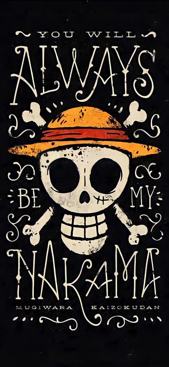 Frazada viajera anime: calavera con sombrero de paja de One Piece y frase You will always be my nakama