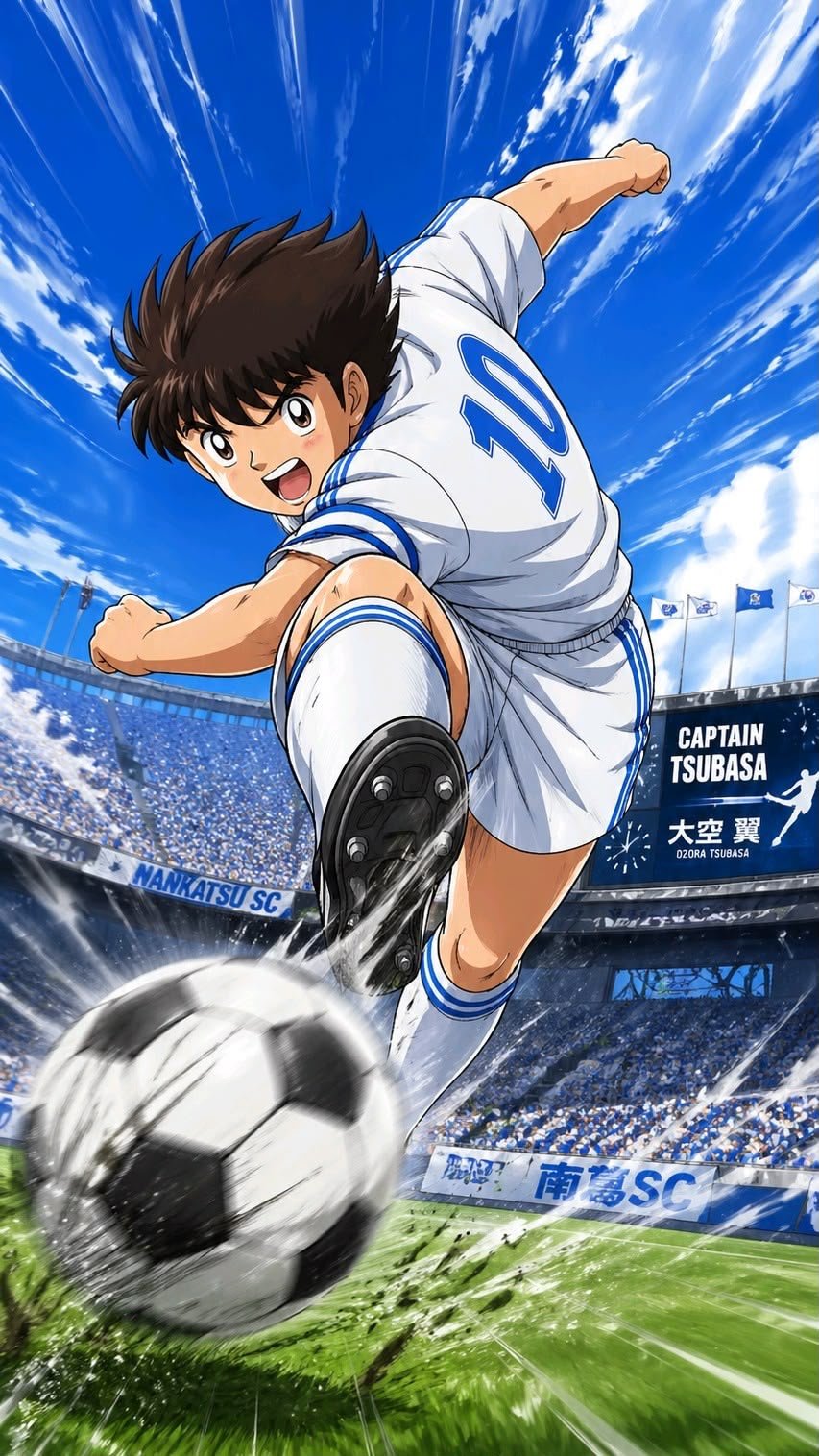 Frazada viajera anime: Tsubasa de Captain Tsubasa pateando el balón en el estadio