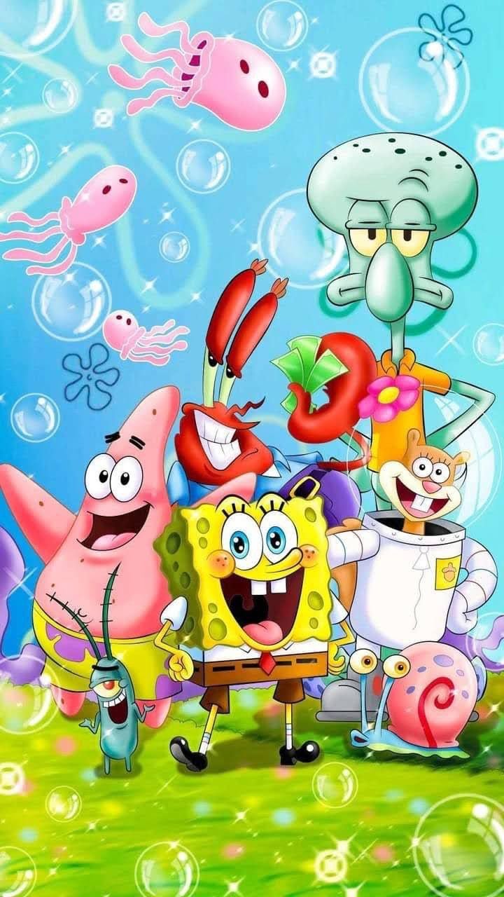 Frazada viajera de Bob Esponja: Bob, Patricio, Calamardo, Don Cangrejo, Arenita, Gary y Plancton en Fondo de Bikini