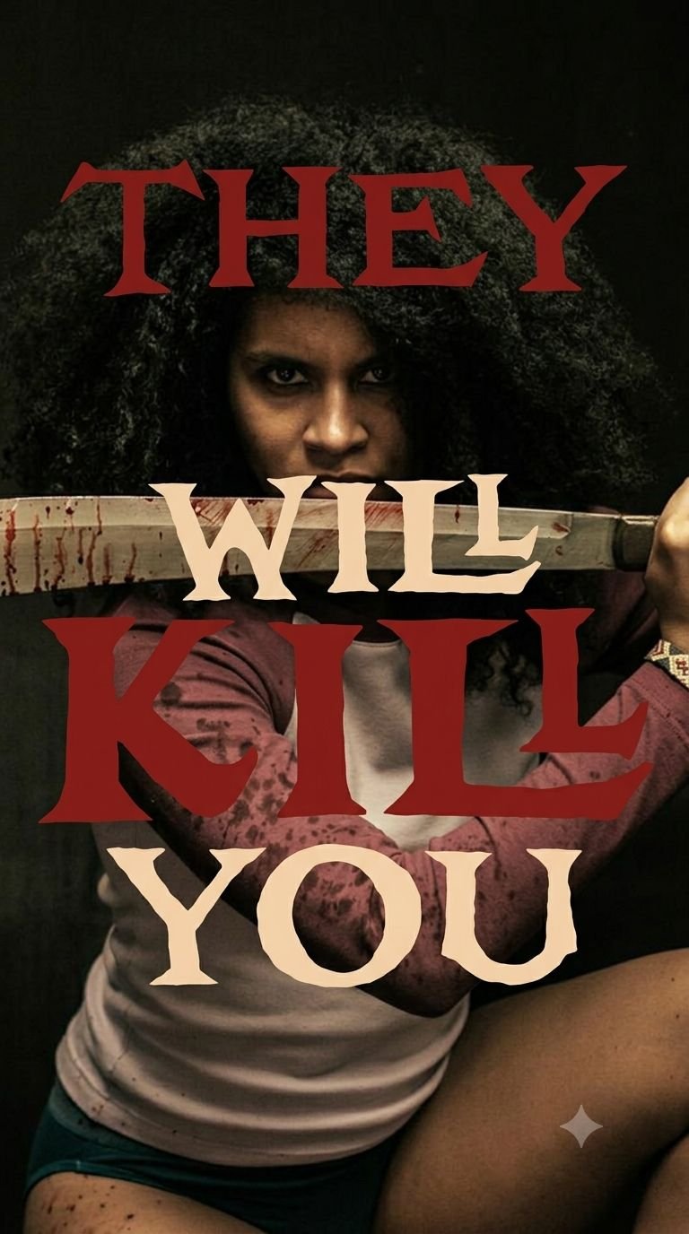 Frazada viajera de terror: mujer con machete ensangrentado y letras They Will Kill You