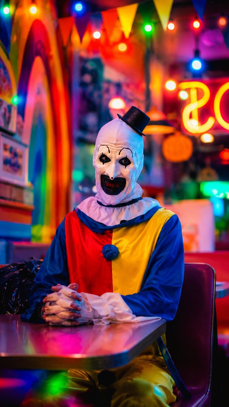 Frazada viajera de terror: Art the Clown de Terrifier sentado en una cafetería con luces de colores