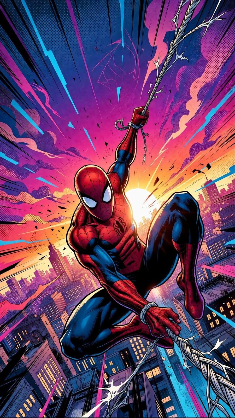 Frazada viajera Marvel: Spider-Man columpiándose con su telaraña frente a un atardecer estilo cómic
