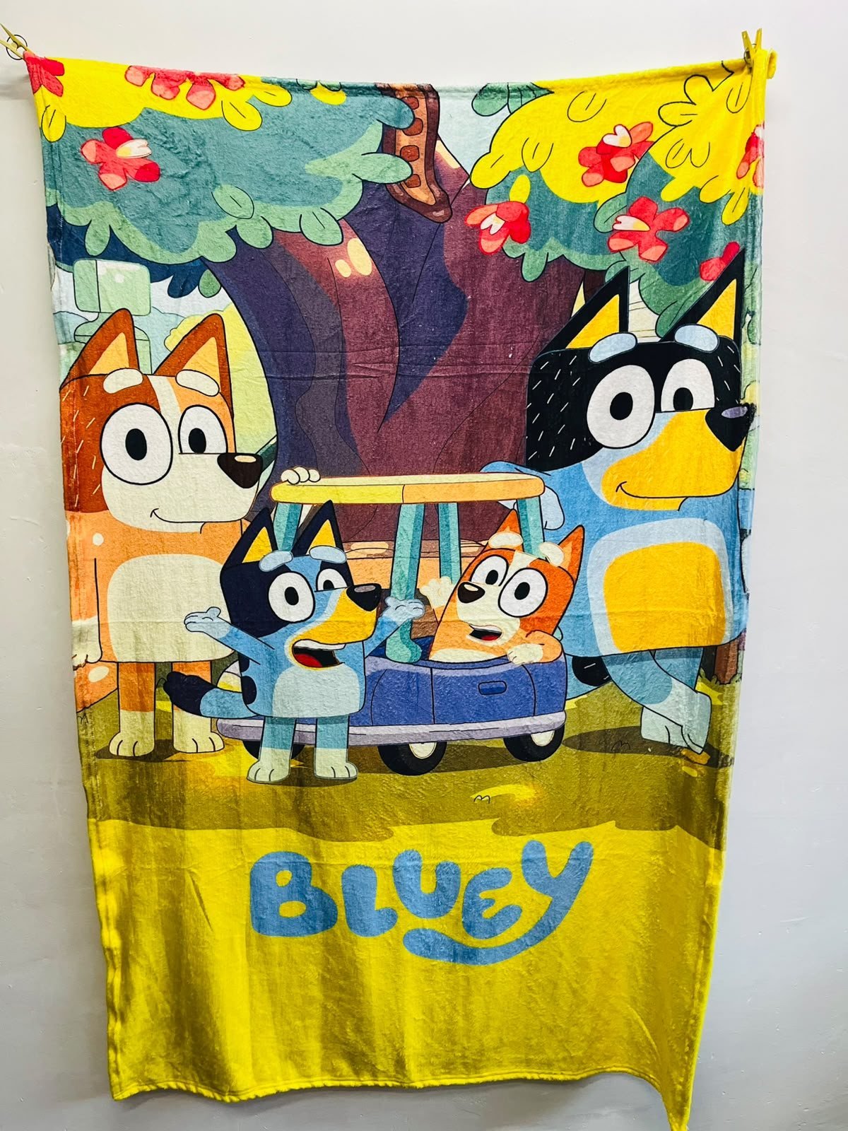 Frazada viajera de Bluey con Bluey, Bingo y su familia en su camioneta — foto de la frazada real
