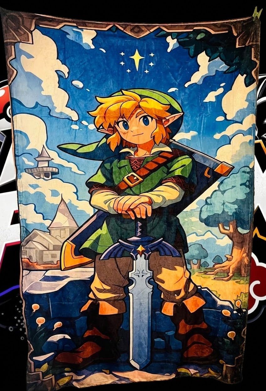 Frazada viajera Nintendo: Link de Zelda con la Espada Maestra en estilo vitral ilustrado — foto de la frazada real