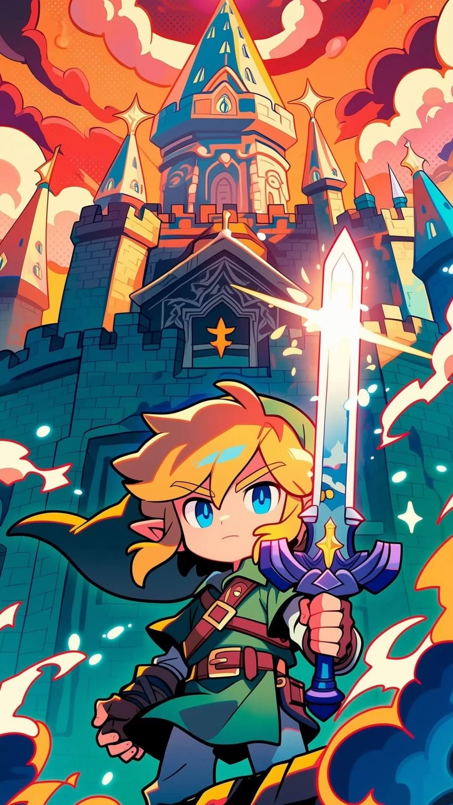Frazada viajera Nintendo: Link chibi alzando la Espada Maestra frente al castillo de Hyrule