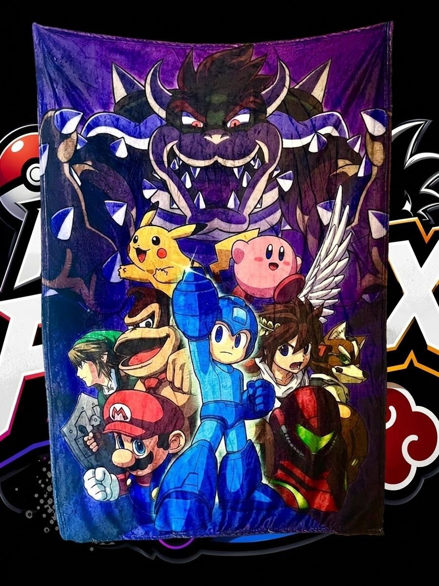 Frazada viajera Nintendo: héroes estilo Super Smash Bros (Mario, Link, Pikachu, Kirby, Samus y más) frente a Bowser — foto de la frazada real